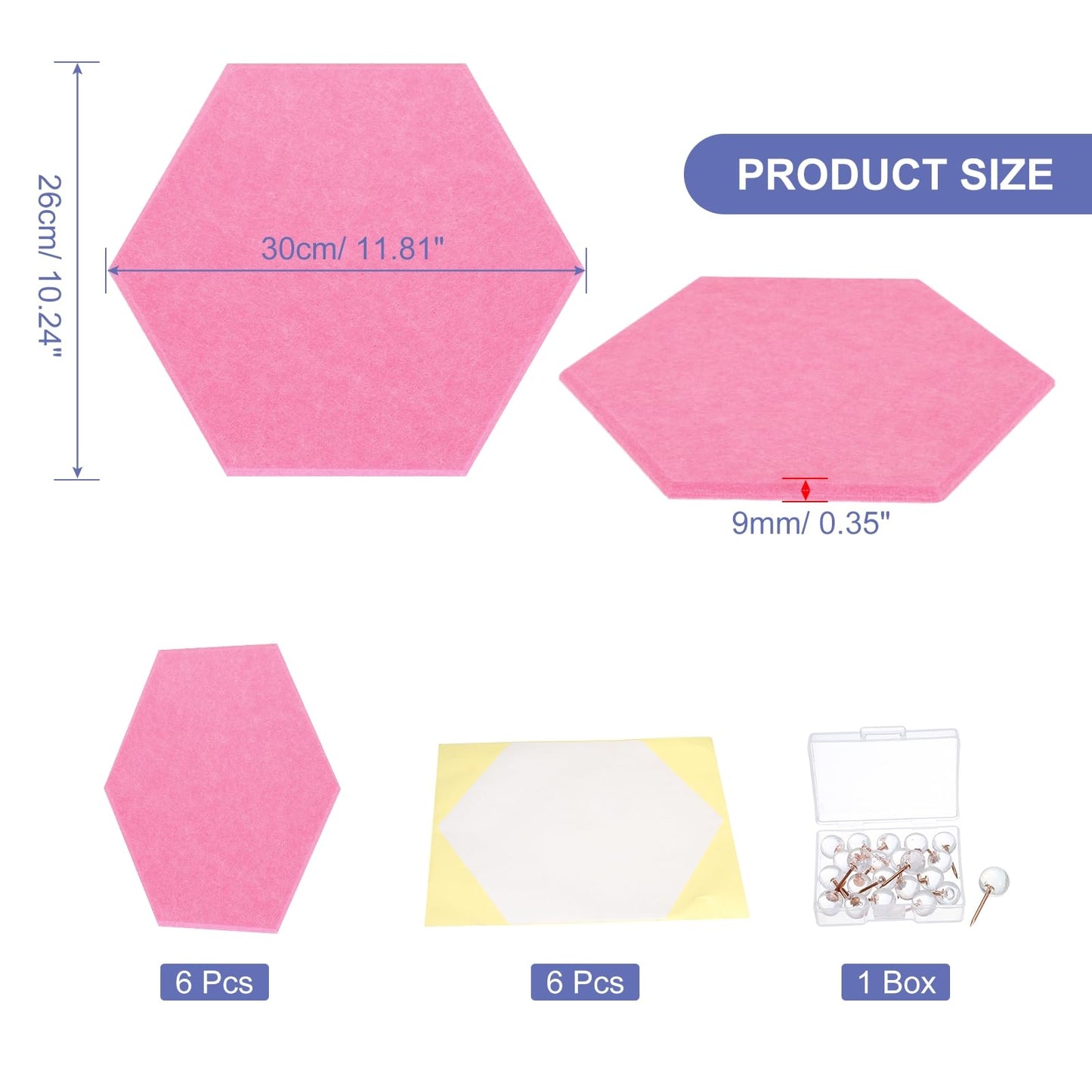 PATIKIL Felt Bulletin Board, 12"x10", 6 Packs Self Adhesive Hexagon Felt Tiles for Sound Proofing Wall Panels for Home Office Recording Studio,Game Room, Peach Red