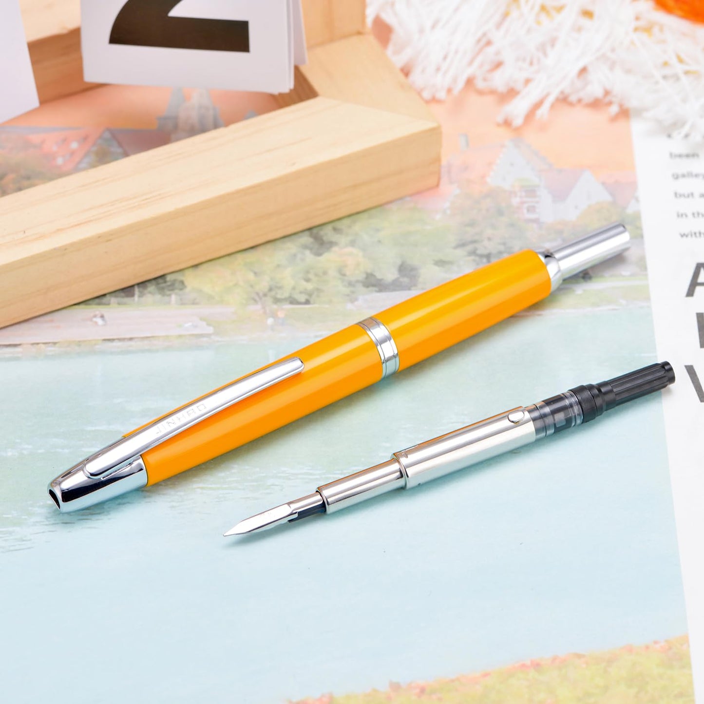 Jinhao 10 Press Fountain Pen with Box, Orange Retractable Extra Fine Nib with Ink Converter Set (Silver Clip)