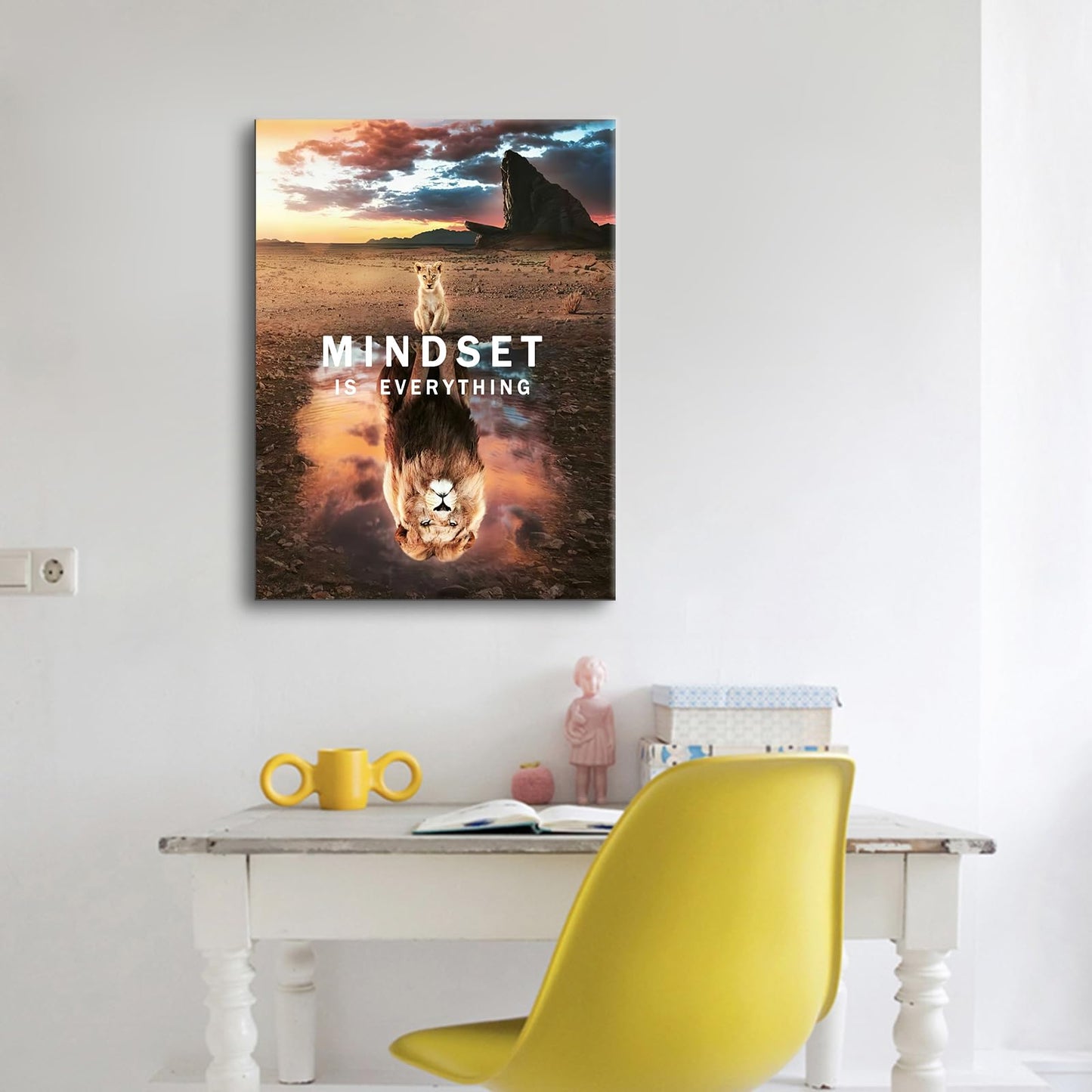 Motivational Wall Art Small Cat Big Lions Mindset is Everything Poster Cute Animal Inspirational Canvas Painting Prints Wall Pictures for Living Room Home Decor Office Framed Artwork [18''W x 24''H]