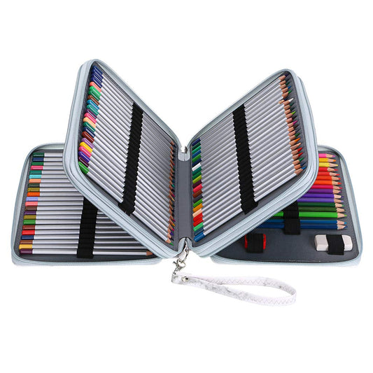 BTSKY Deluxe PU Leather Pencil Case For Colored Pencils - 120 Slot Pencil Holder with Handle Strap Handy Colored Pencil Box Large(White Marble)