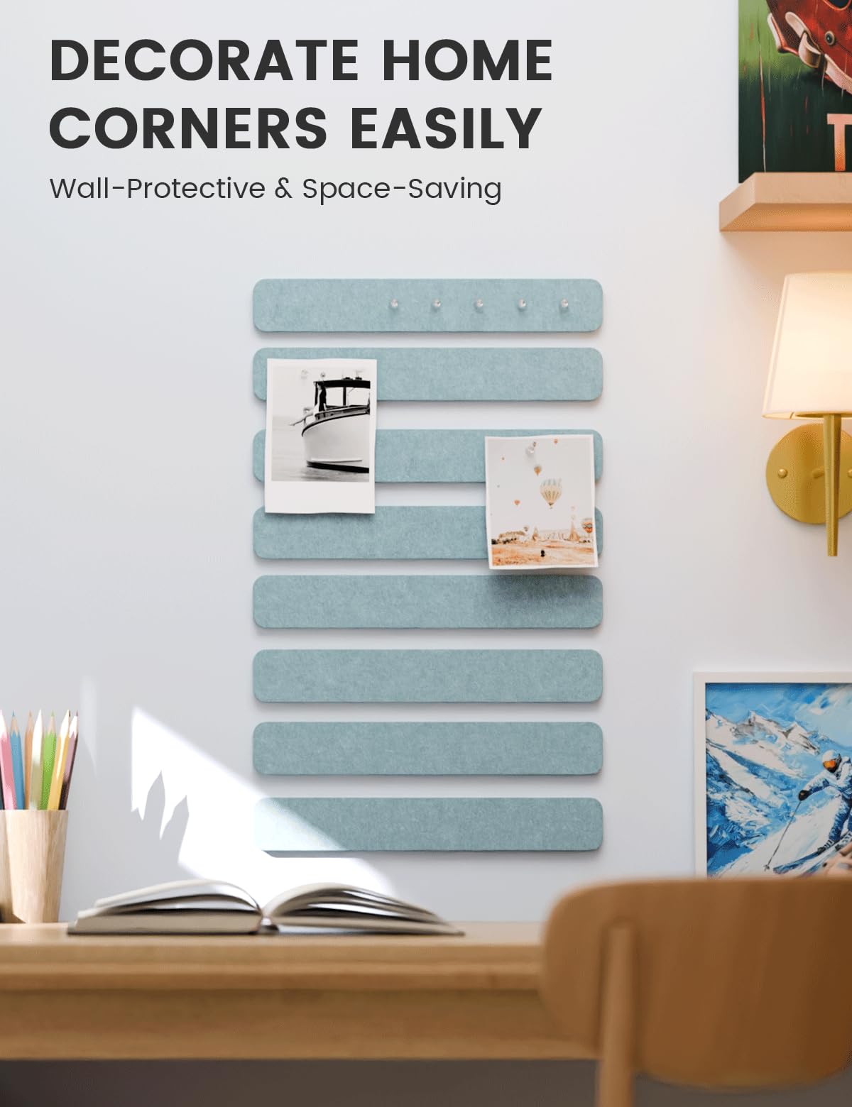 Fluxynara Cork Board Alternative Felt Strip Board 8-Pack 13"x2", Office Pin Board with 50 Push Pins, Adhesive Install for Bedroom Door & Home Office (Teal Blue)