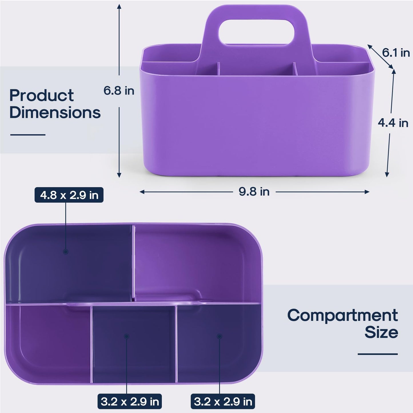 Multiuse Caddy Organizer with Handle, Portable Divided Plastic Tote Bin - Art Craft, Stationary Pen Marker Crayon, Makeup Hair Supplies Storage - Bathroom, Classroom, Dorm, Office, Desk Holder -Purple