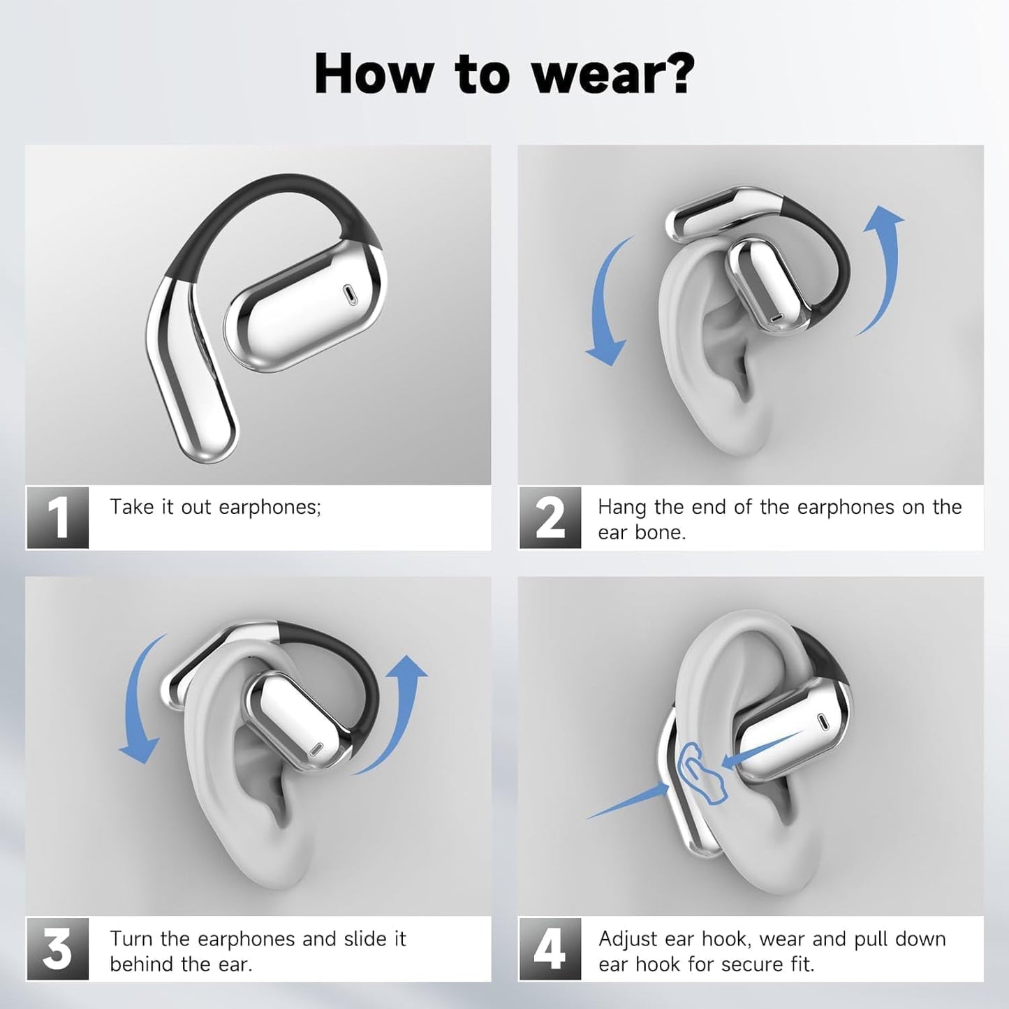 Open Ear Clip Wireless Earbuds Bone Conduction Headphones, Bluetooth 5.4，Built-in Mic, IPX7 Waterproof, LED Display Charging Case,Ear Hooks Ear Buds, Design for Running/Fitness/Office/Sport