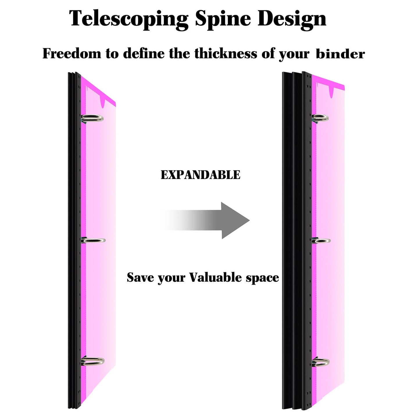 INFUN 1 Inch Telescoping 3 Ring Binder - 1PCS,Flexible Round Binder with Customizable Front Cover and Clear Catalog Pocket, 1 Inch Rings, 225 Sheet Capacity-Pink