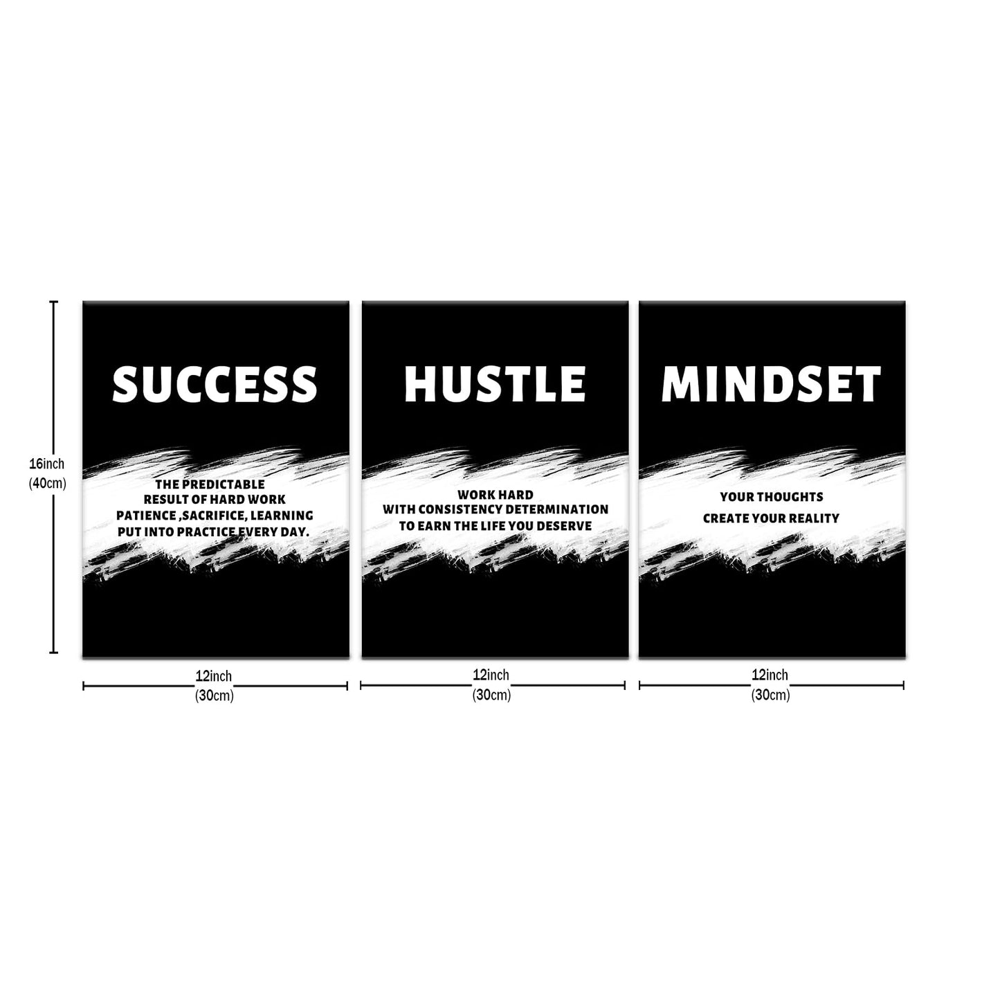 PSYYSP 3 Piece Canvas Wall Art Success Hustle Mindset Posters, Black White Motivational Triptych Wall Decor for Office, Bedroom, Dorm, Business Workspace, Framed Canvas 36x16inch