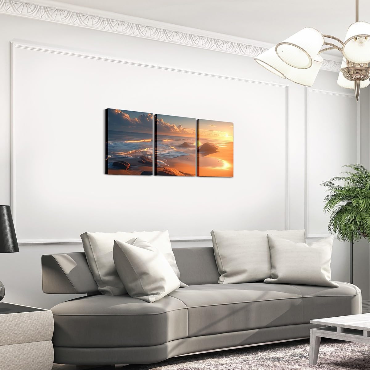 Wave Print Canvas Wall Art Set of 3 for Living Room Bedroom, Sunset Scenery Paintings Wall Decor Blue Beach Wall Art Rustic Farmhouse Poster Prints Ocean Sea Wave Decor Artwork Prints