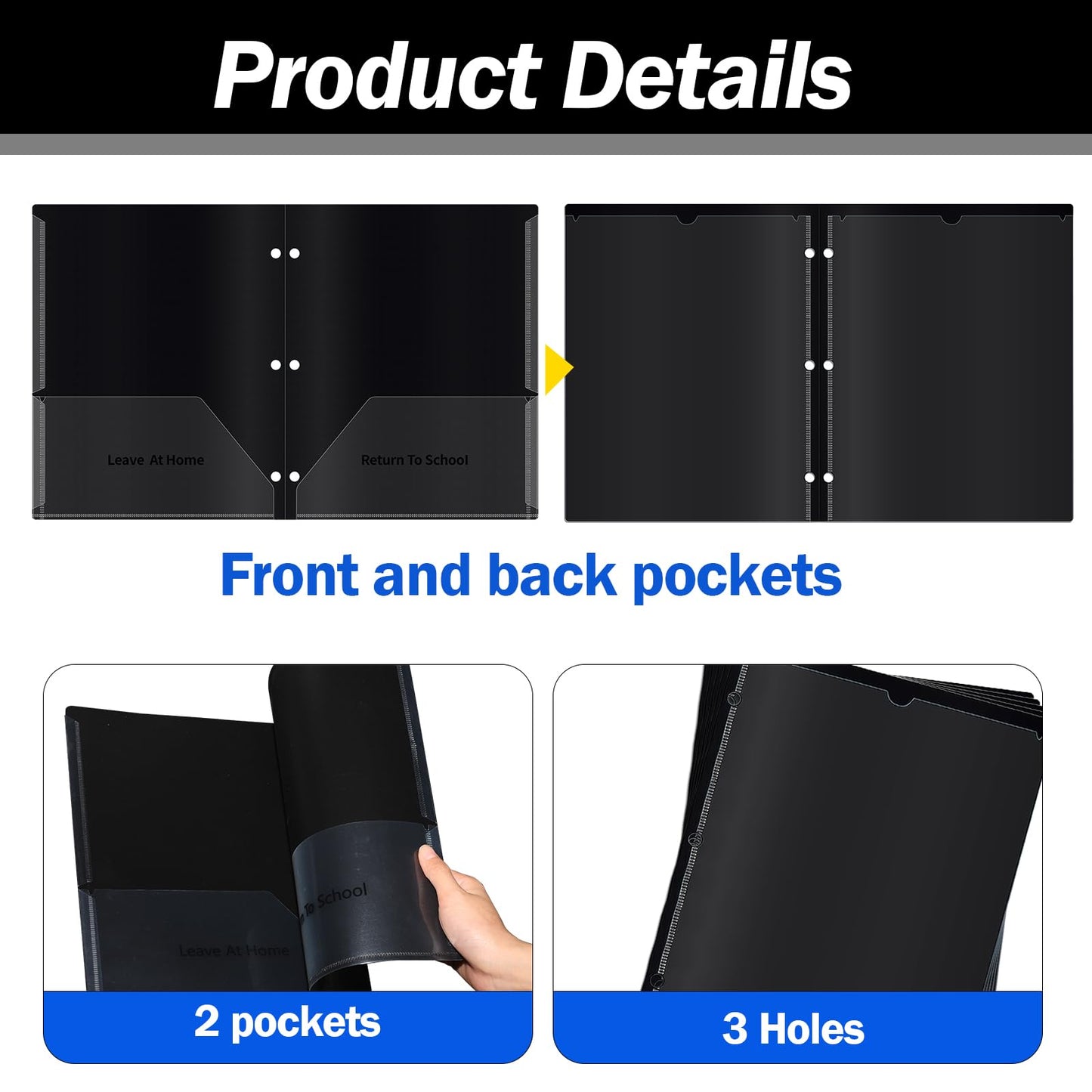30 Pcs 3 Hole Punch Parent Teacher Communication Folders with Clear Front Pockets for 3 Ring Binders, 2 Pockets Homework Take Home Plastic Folders Classroom Folder for Kid Student ﻿ (30, Black)