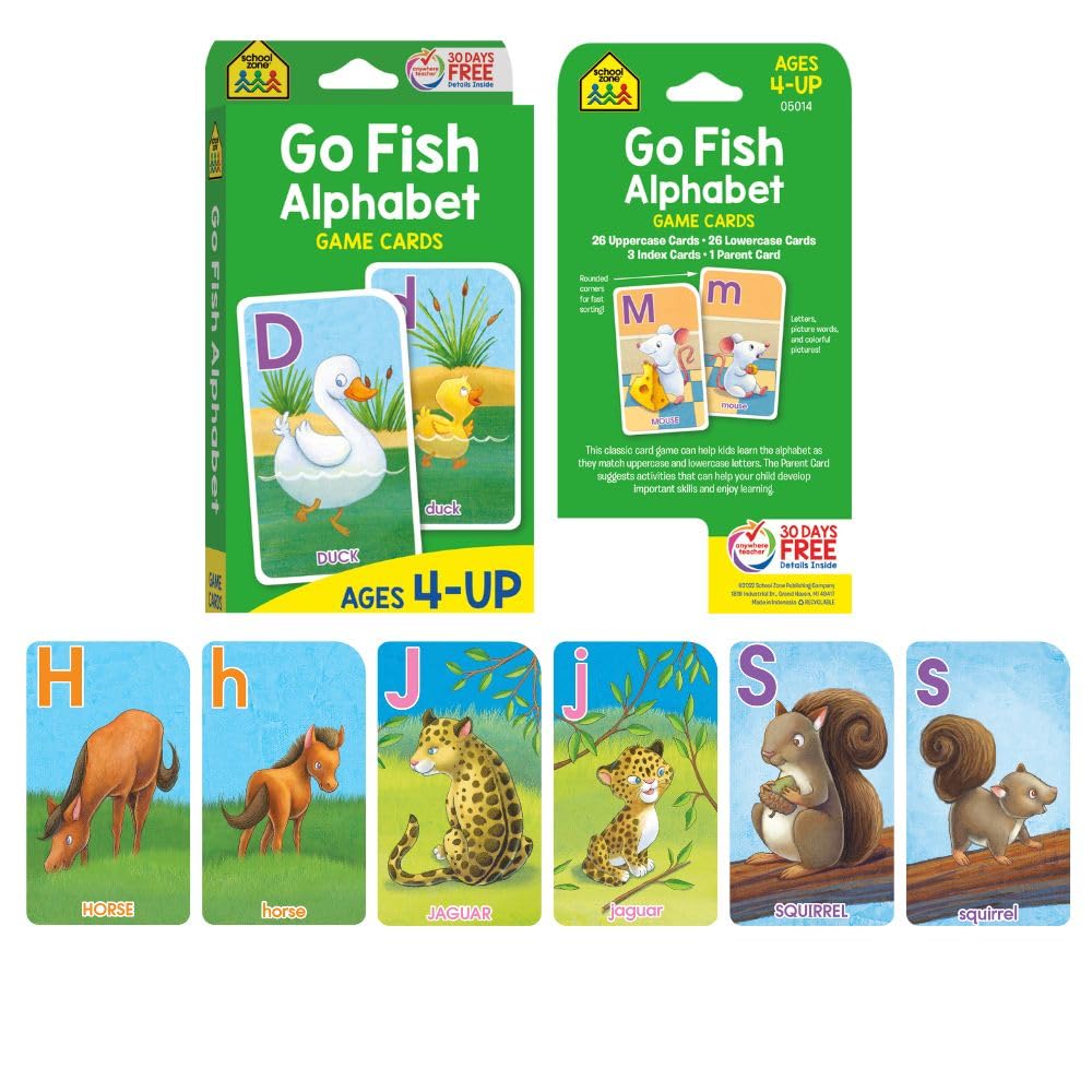 School Zone Alphabet 4-Pack Flash Cards: 224 Cards, Preschool, Kindergarten, Go Fish Alphabet, Three-Letter Words, Alphabet Match, Lowercase & Uppercase Letters, Letter-Picture Recognition, Ages 3+