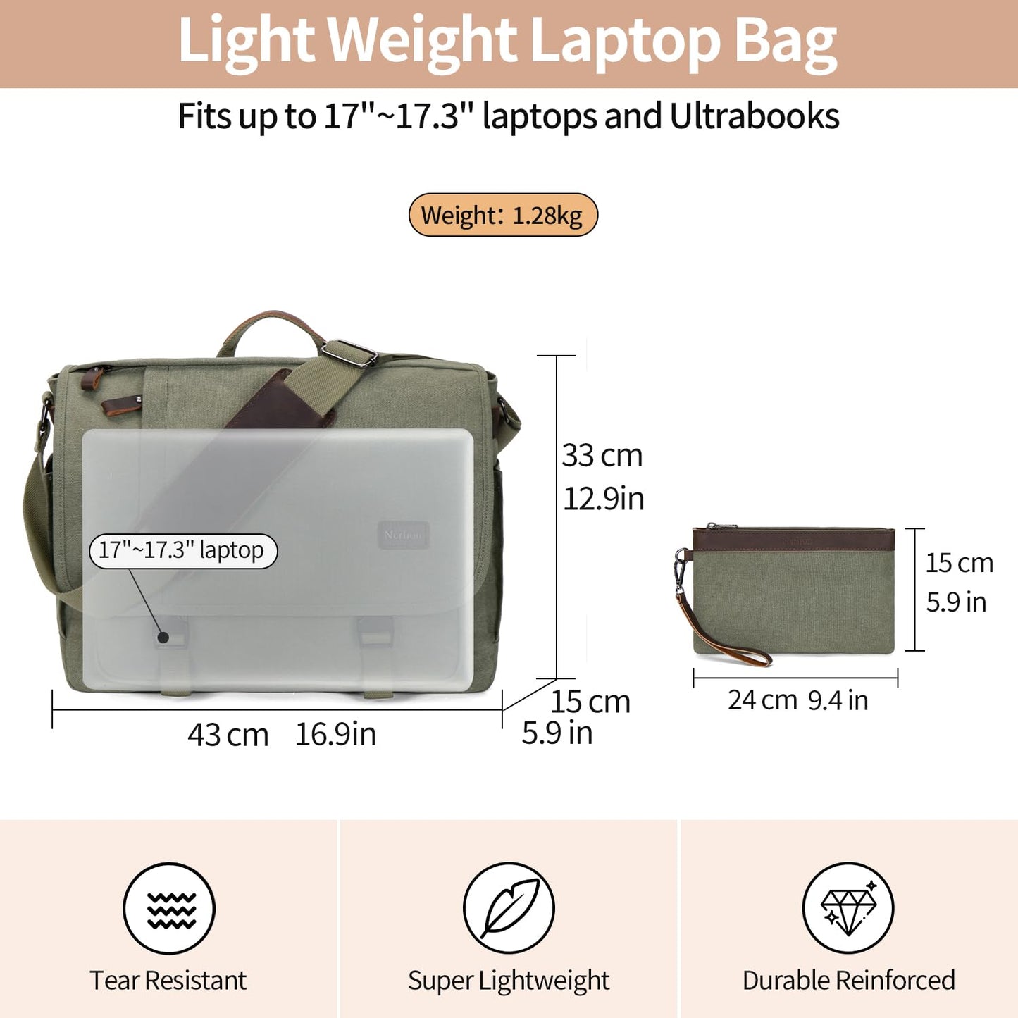 Nerlion Messenger Bag for Men 17-17.3 Inch Laptop Bag Canvas Water-resistant Computer Bag Shoulder Bag Work Briefcase Bookbag for College (Green)