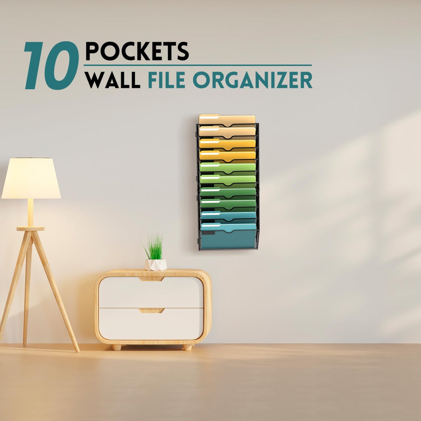 SUPEASY 10 Tier Wall File Organizer, Hanging Wall Mounted Mail Organizer with Label Slots, Metal Mesh File Holder Magazine Rack for Office, Home, School or Classroom, Black