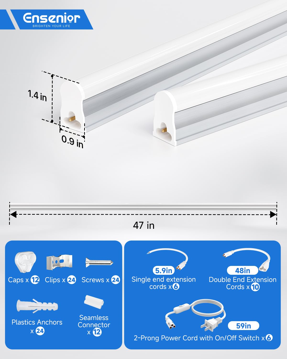 Ensenior T5 LED Shop Lights, 4FT 2000LM, 6500K White, 20W Linkable Fixture, Pack of 12, Aluminum