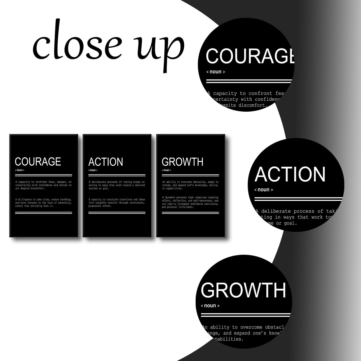 YSPCSUN Triptych Wall Decor Inspirational Posters for Office, Black White Courage Action Growth Quote 3 Panel Canvas Prints for Home Office Dorm Classroom, 48x24 Inch Display