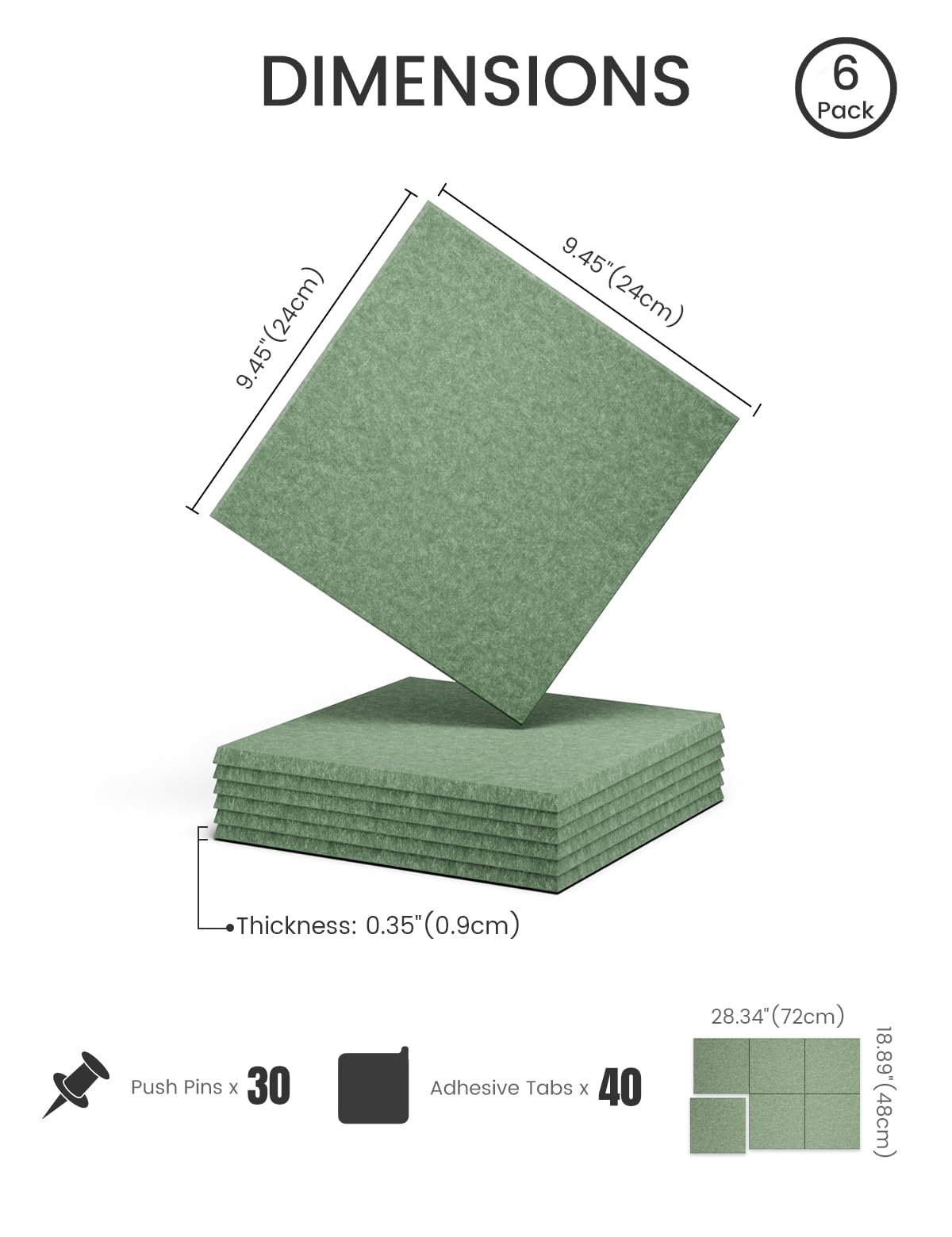 Felt Bulletin Board Tiles -28"x18" Cork Board Alternative for Office Decor, Push Pin Board Wall Organizer 6-Pack -Moss Green