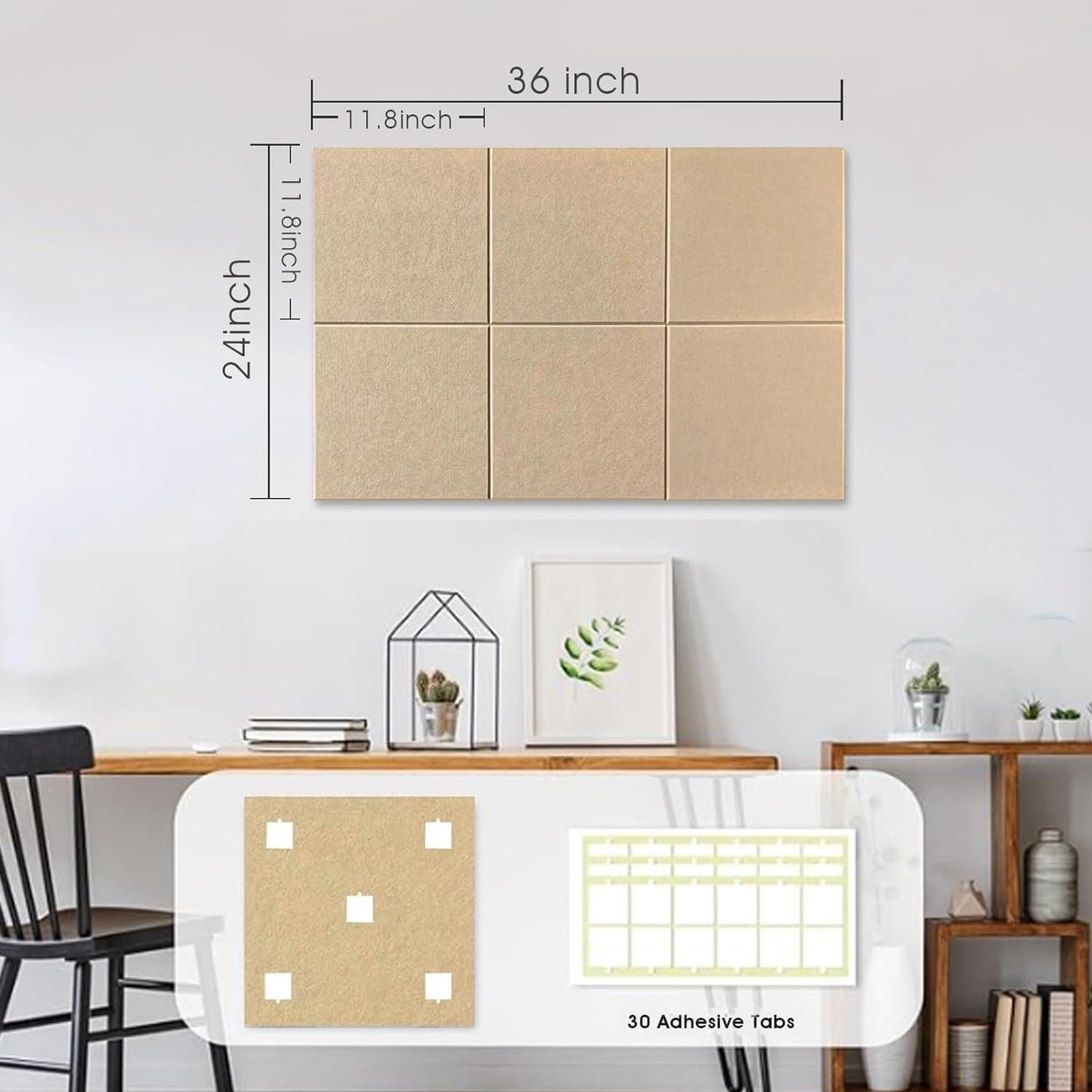 Large Cork Board for Office Wall Decor, 36"x24"- 6 Pack Felt Wall Tiles with Safe Removable Adhesive Tabs, 1/2" Thick, Felt Bulletin Board Pin Board Cork Boards for Walls - Tan