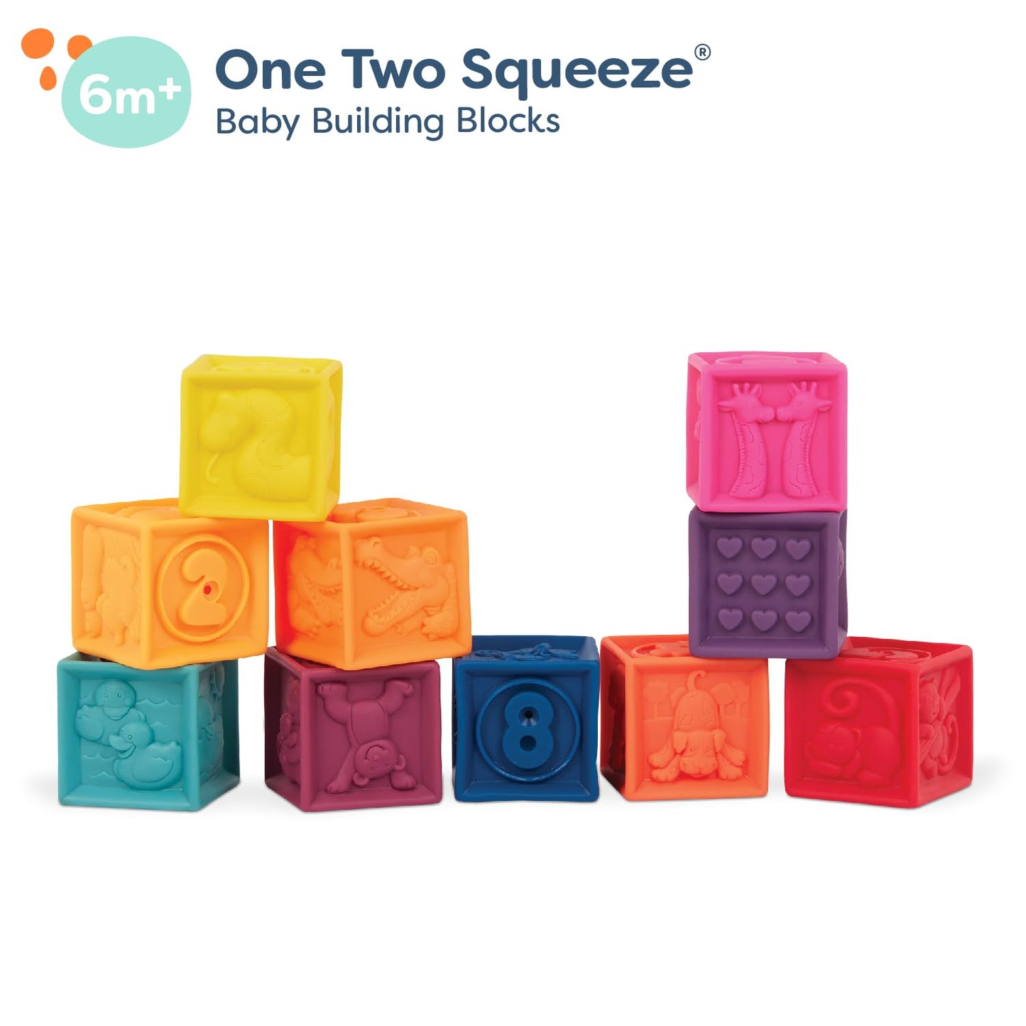 B. toys – Baby Blocks – Stacking & Building Toys for Babies – 10 Soft & Educational Blocks – Numbers, Shapes, Colors, Animals – One Two Squeeze – 6+ Months