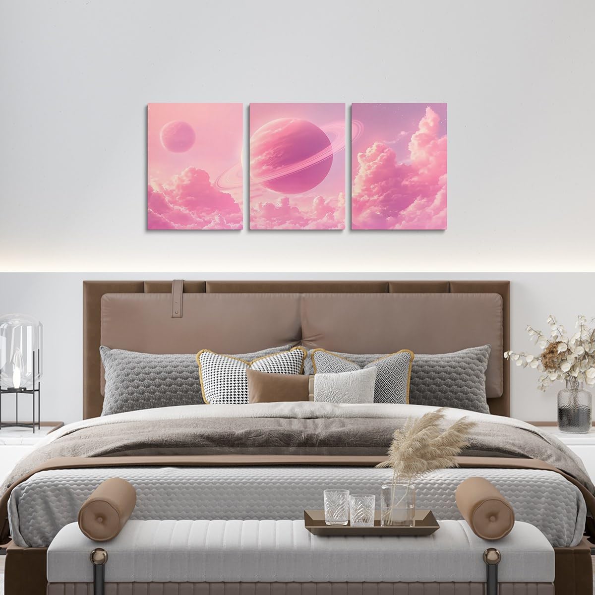 Feelyou Pink Galaxy 3 Piece Canvas Wall Art for Living Room Bedroom Starry Solar System Wall Art for Home Decor 3D Printed Space Office Decor Artwork Dreamy Nebula Picture Painting Posters