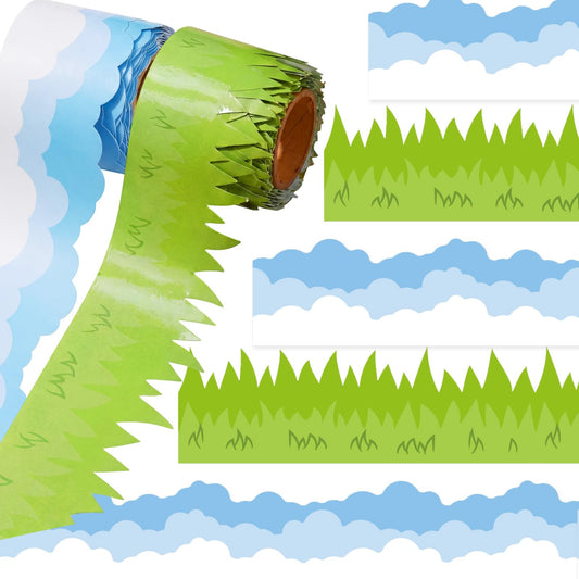 Trandraft 2 Rolls 65.6ft Grass Bulletin Board Decoration Clouds Bulletin Board Strips Green Grass Back to School Trim Borders for School Classroom Chalkboard Party Decoration