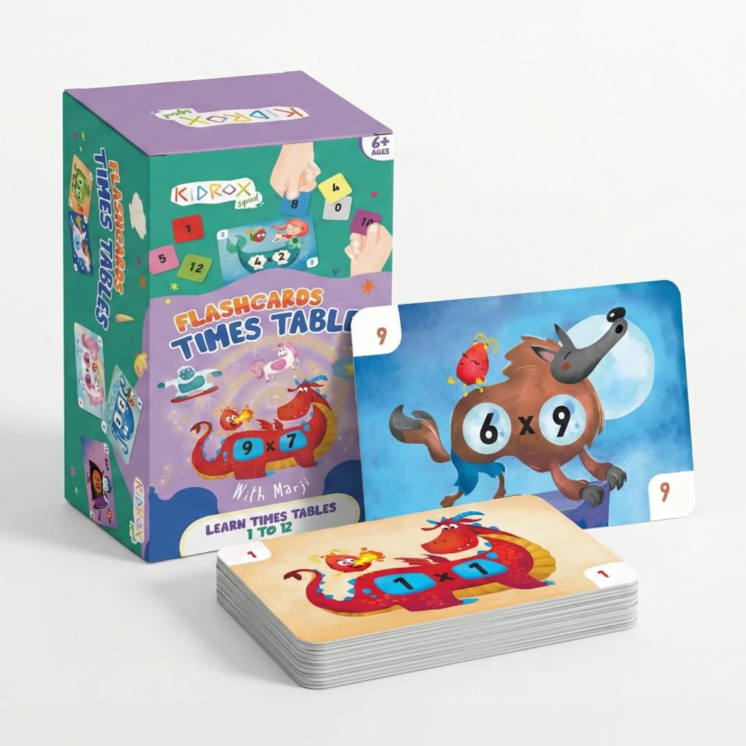 Kidrox Multiplication Flash Cards, Times Tables 1 to 12, Interactive Learning Cards with Fun Character Design, Educational Math Practice Set