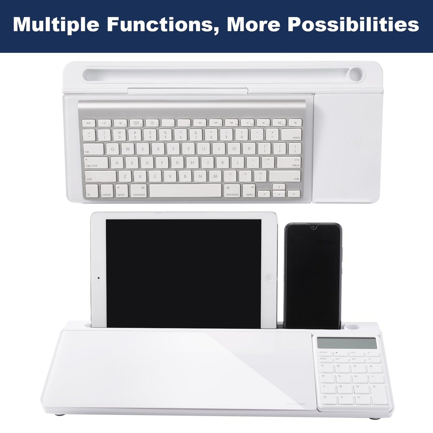 Small Glass Desktop Whiteboard Dry-Erase-Board - Computer Keyboard Stand with Calculator White Board Surface Pad with Drawer, Desk Organizers with Accessories for Office, Home, School Supplies - White