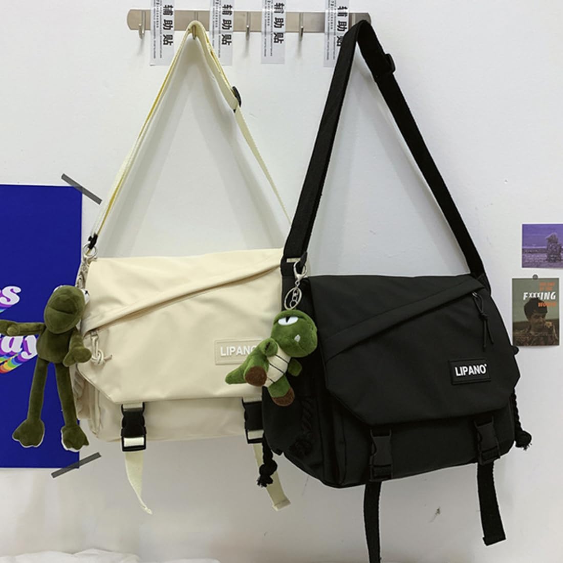 Aesthetic Crossbody laptop Bag, 15.6 Inch laptop messenger bag for women men, Cute Shoulder Bag with Cute Pins and Ornament Black