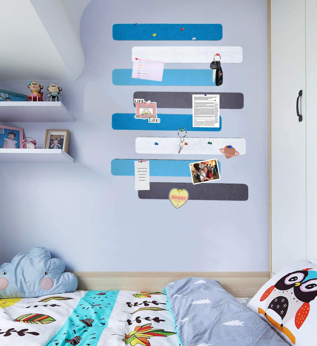 Vuzvuv 8 pcs Bulletin Board Bar Strips with 50 Pushpins & 10 Wooden Clip pins，Self Adhesive Cork Board for Wall，Felt Pin Board for School，Office Decor(Blue White Grey)