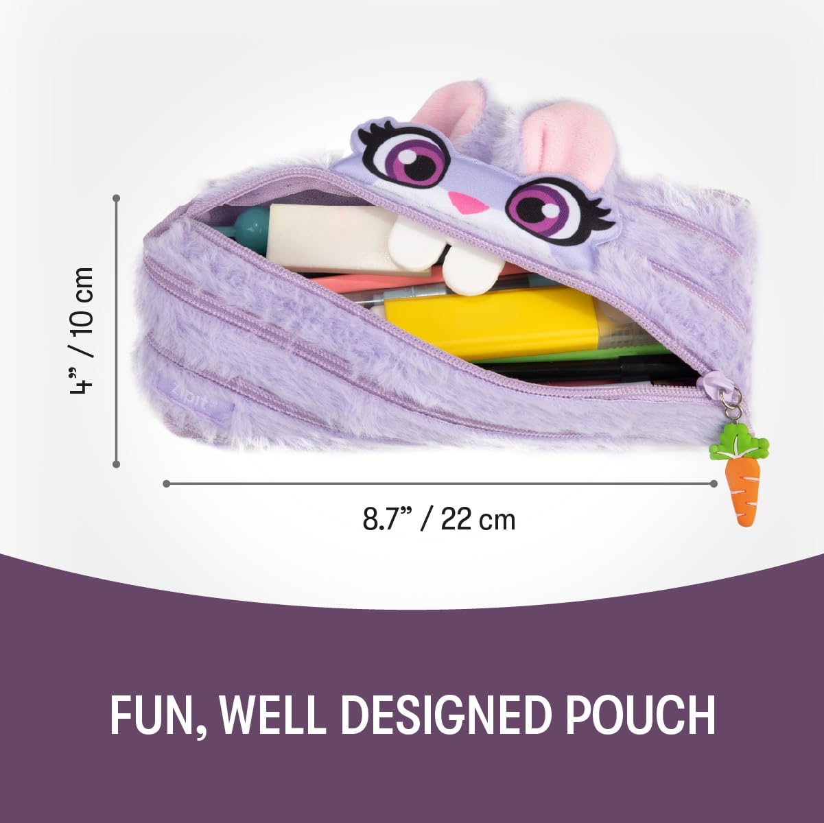 ZIPIT Bunny Pencil Case for Girls, Cute Zipper Pouch for Kids Teens, Stationery Bag for School,Purple