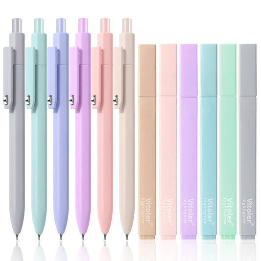 Piochoo Highlighters and Pens Set, 6 Aesthetic Highlighters and 6 Black Ink Gel Pens Fine Point Tip for Women Nurse Bible Study, Journaling, School and Office Supplies