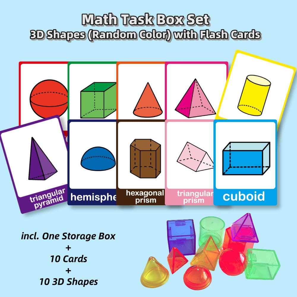 Math Task Boxes Set of 5 Math Manipulatives Themes 230+ Pieces of Number Rods, Base Ten Blocks, Ten Frame Disc Counters, Place Value Blocks, 0-9 Numbers, 3D Shapes, Activity Cards (3D Shapes)