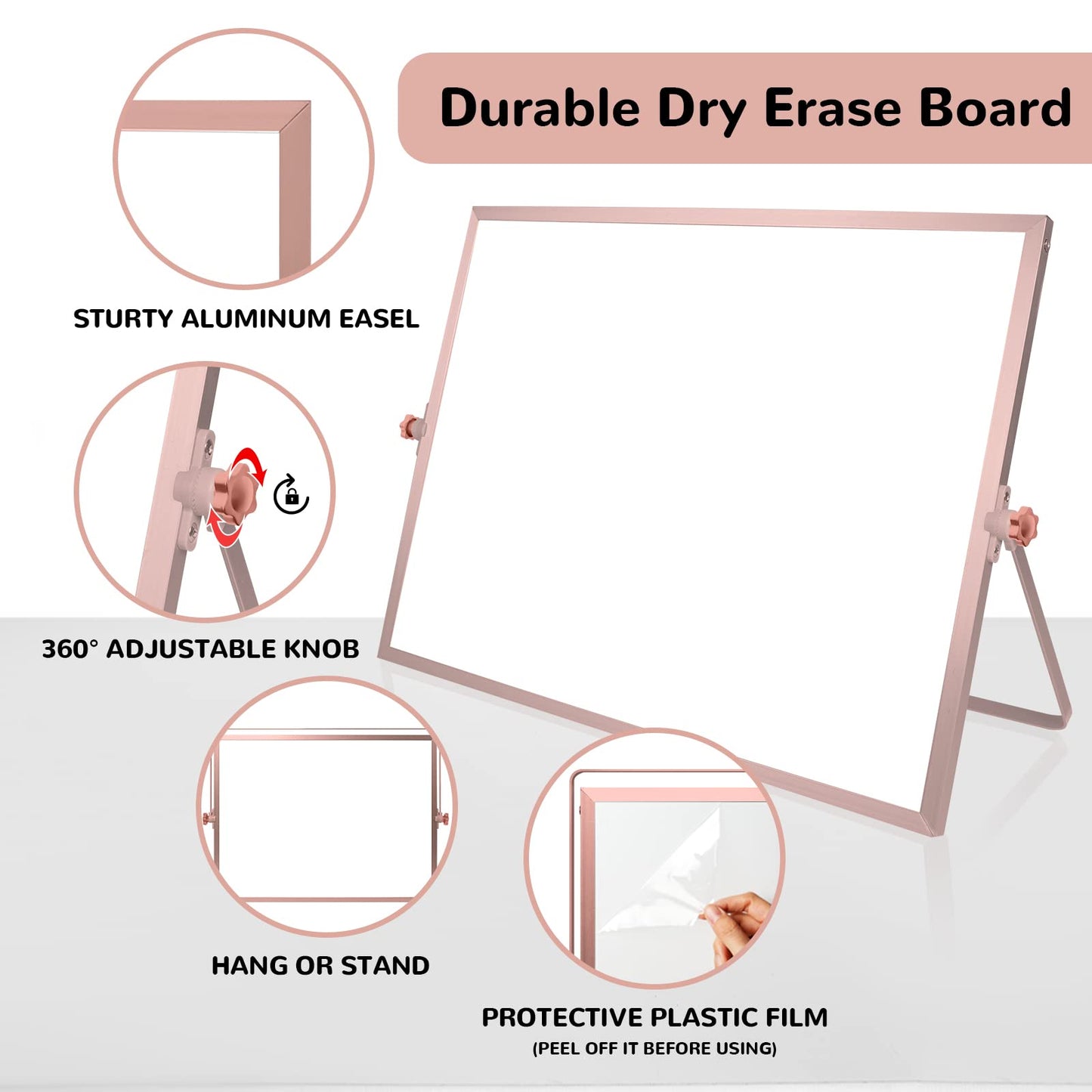 16 x 12 inches Dry Erase Whiteboard, Rose Gold Magnetic Desktop Double-Sided White Board with Stand, 10 Markers, 1 Eraser, 4 Magnets, Portable Whiteboard Easel for School Office Home