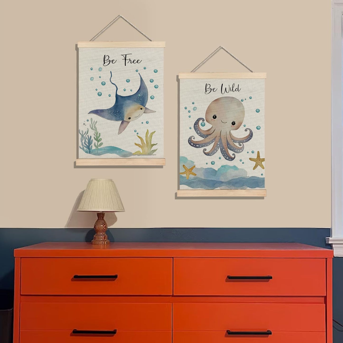 BearCake Ocean Nursery Decor, Stingray Octopus Under the Sea Wall Art Poster Hanger Frame, Inspirational Beach Nursery Canvas Prints Framed Wall Decor for Kids Room Playroom, 12x16 Inch Set of 2