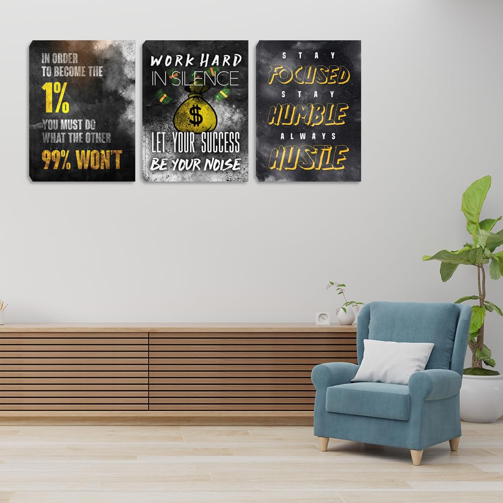 Motivational Canvas Wall Art Inspirational Success Quotes Wall Art Retro Black White Poster Hangs Picture Hustle Canvas Painting Artwork for Office Bedroom Living Room Workplace (36''Wx 16''H)