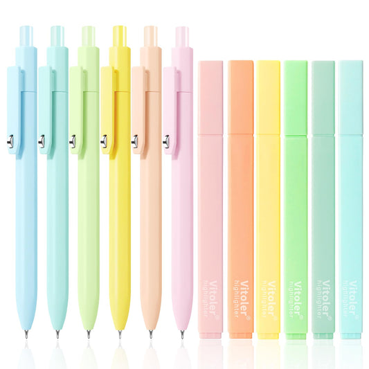 Piochoo Aesthetic Highlighters and Gel Pens,Chisel Tip Bible Highlighters and 0.5mm Black Ink Pens for Journaling Planner School Supplies