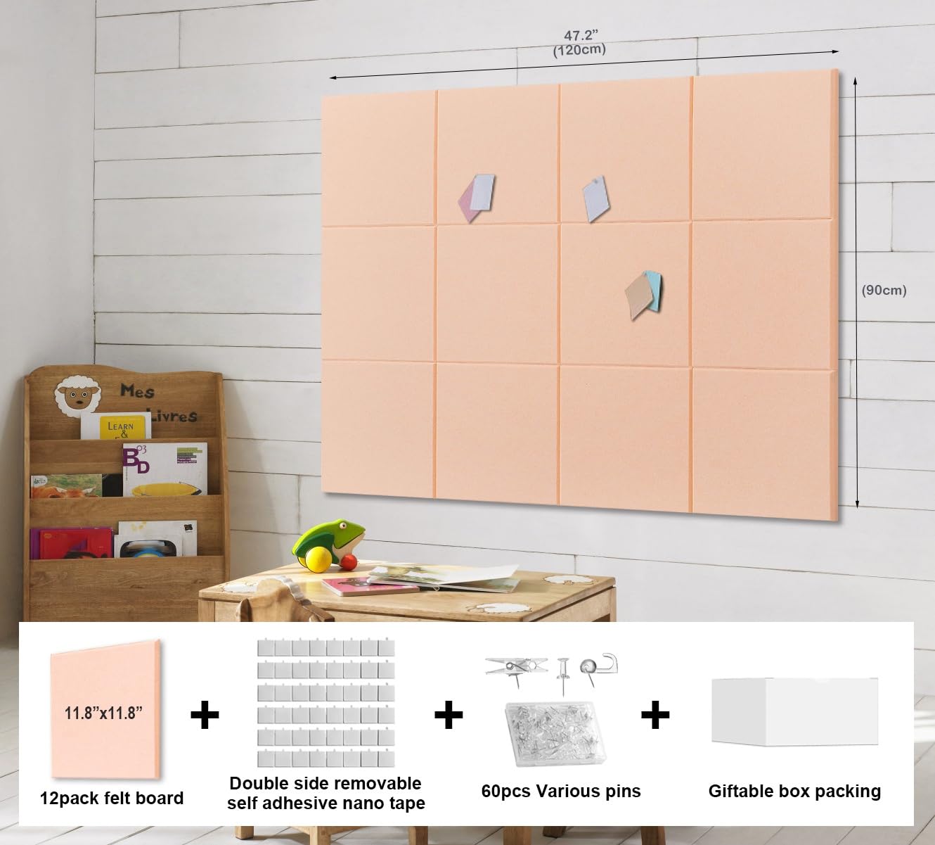 G Gamit Felt Wall Tiles Bulletin Board Large Cork Board Alternative 12 Pack 11.81”x11.81”x0.47” Felt Pin Board Tack Board with Safe Removable Adhesive Tabs for Home Office School 48x36(Light Pink)
