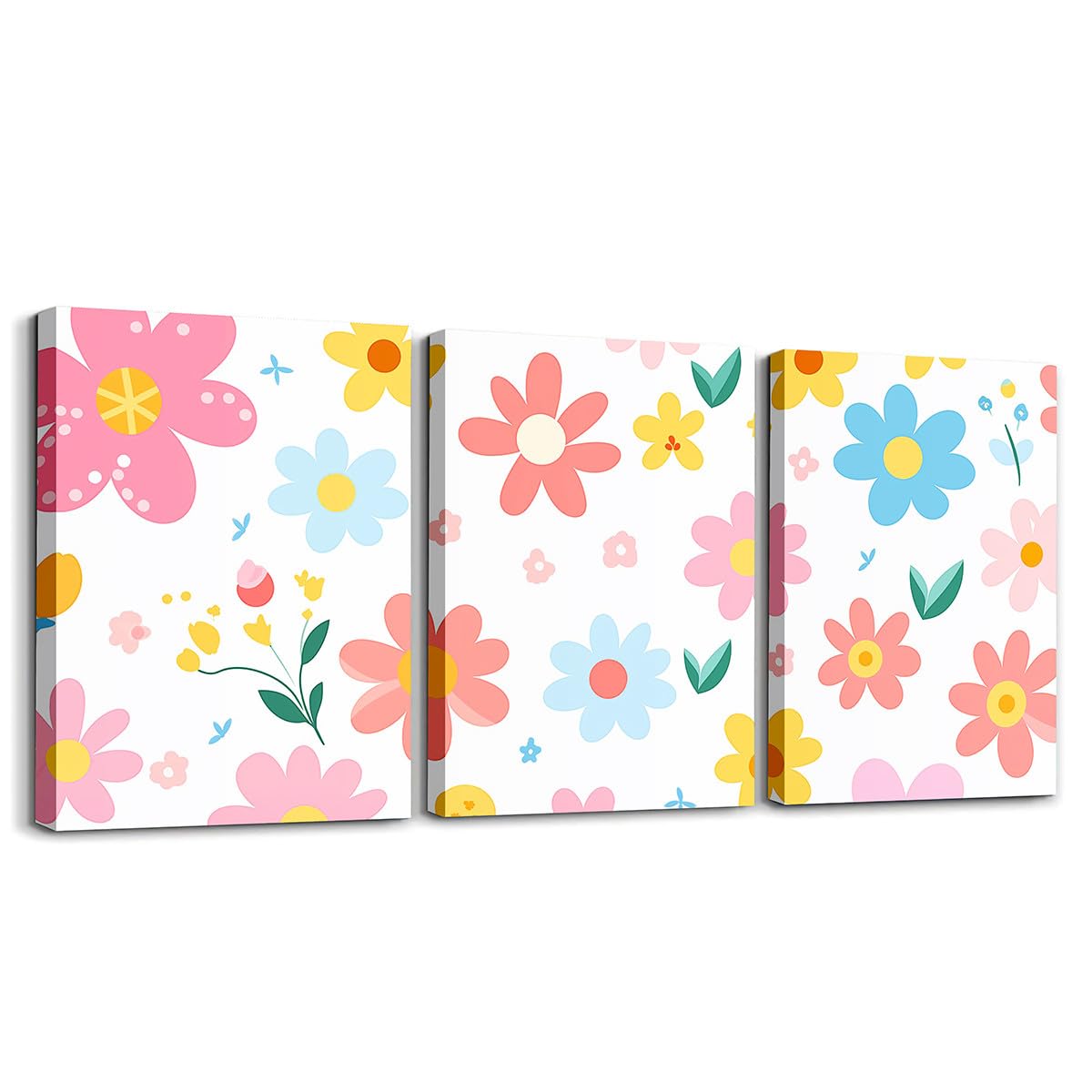 Feelyou Cute Flower 3 Piece Canvas Wall Art for Living Room Bedroom Cartoon Cute Floral Office Decor Artwork Yellow Pink Wall Art for Home Decor Kawaii Picture Posters
