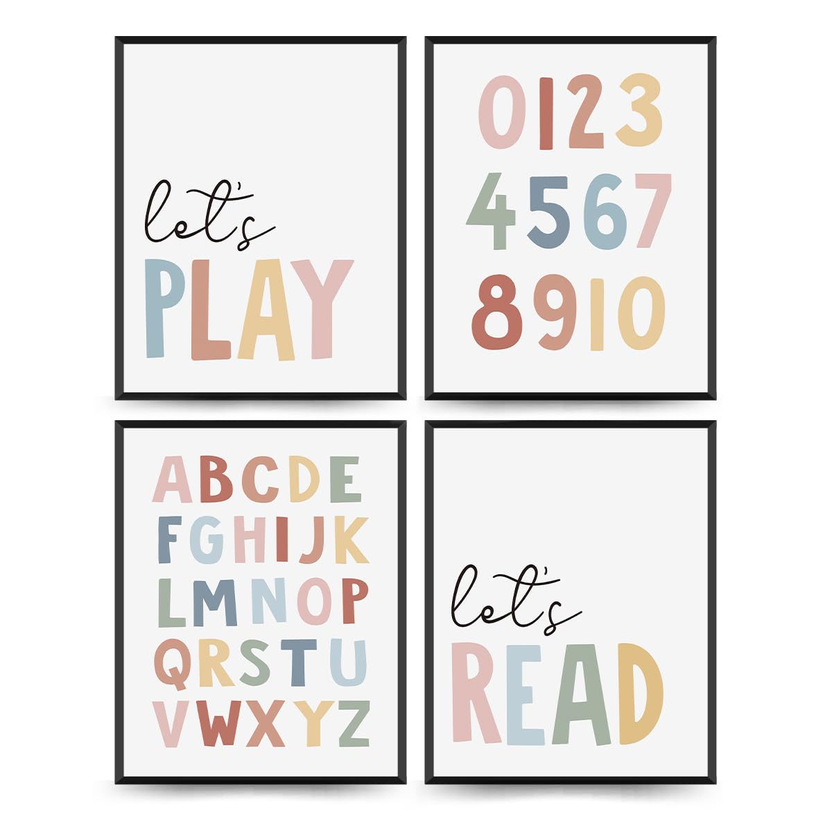 Let's Play Read Wall Art Set of 4，Educational Posters, Montessori Classroom Decor, Neutral Kids Decor,Alphabets Number Prints for Nursery Classroom Kids Room Toddler Playroom,8x10 Inch(Unframed)