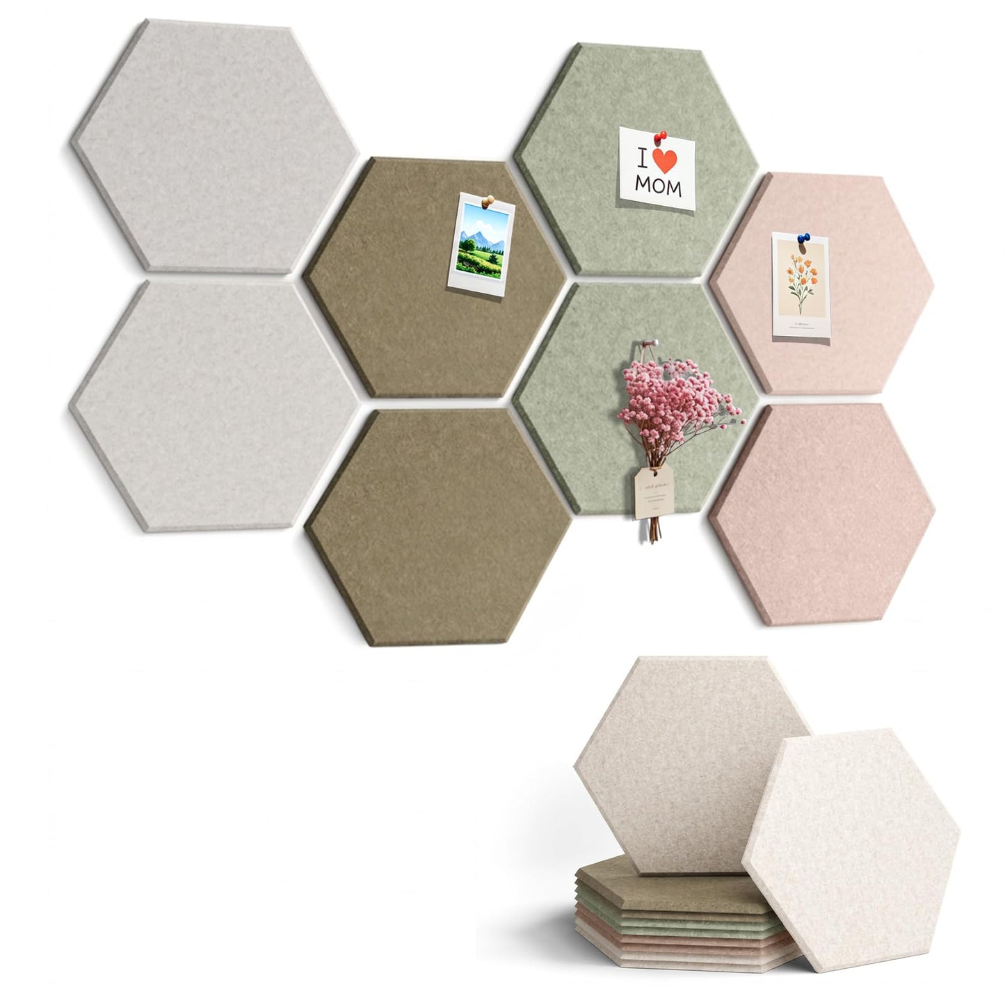 8 Pack Hexagon Cork Board Alternative for Walls Decor, 12" x 10" Self-Adhesive Felt Bulletin Board Tiles with 30 Pushpins, Acoustic Panels for Office,Classrooms (Minimalist Neutral)