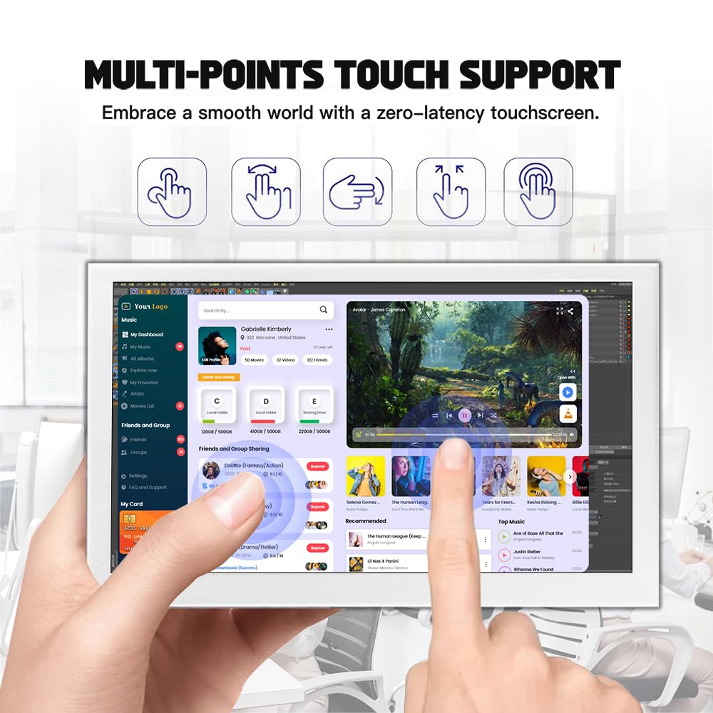 LESOWN Small Monitor 7 inch 1024x600 IPS Capacitive Touch 7" HDMI Wide Screen Portable LCD Display with Speakers for Raspberry Pi Laptop White