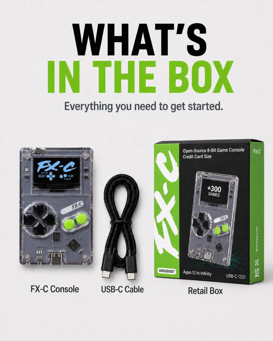 Arduboy FX-C Programmable Open Source 8-Bit Retro Handheld Game Console - 300+ Preloaded Classic Games, STEM Coding Board, USB-C Multiplayer, Credit Card Size Pocket Retro Gaming Device
