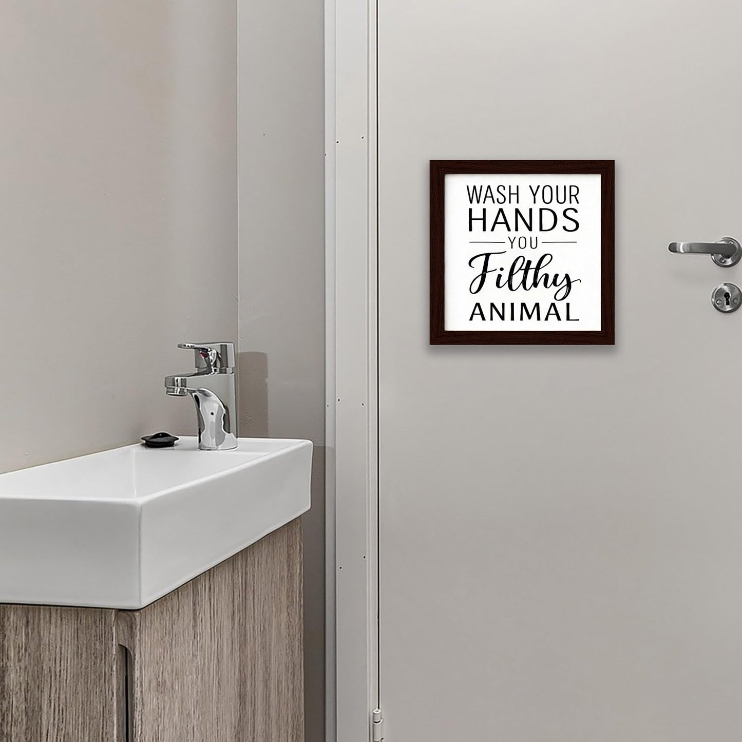 Funny Bathroom Wall Art Poster Wooden Framed Sign Black And White Bathroom Decor Wash Your Hands Sign For Kids Mens Toilet Quotes Signs 8×8 inch