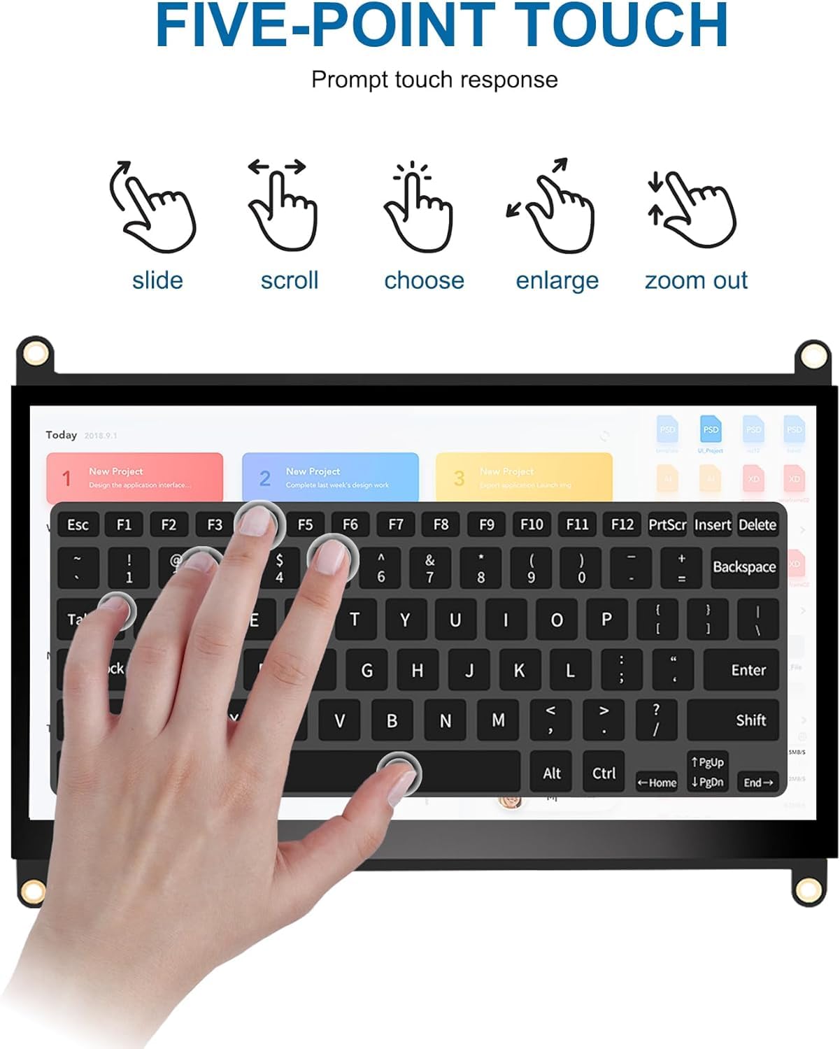 NLIEOPDA 7 Inches Touchscreen Monitor, HD 1024×600 IPS LCD Capacitive Touch Screen Compatible with R Pi 4B/3B+/3B/2/1B+/Zero Ora Pi 5 Por/3 Plus/3B/4B Ban Pi and Windows 10/8/7 (CX-070-A2 US)