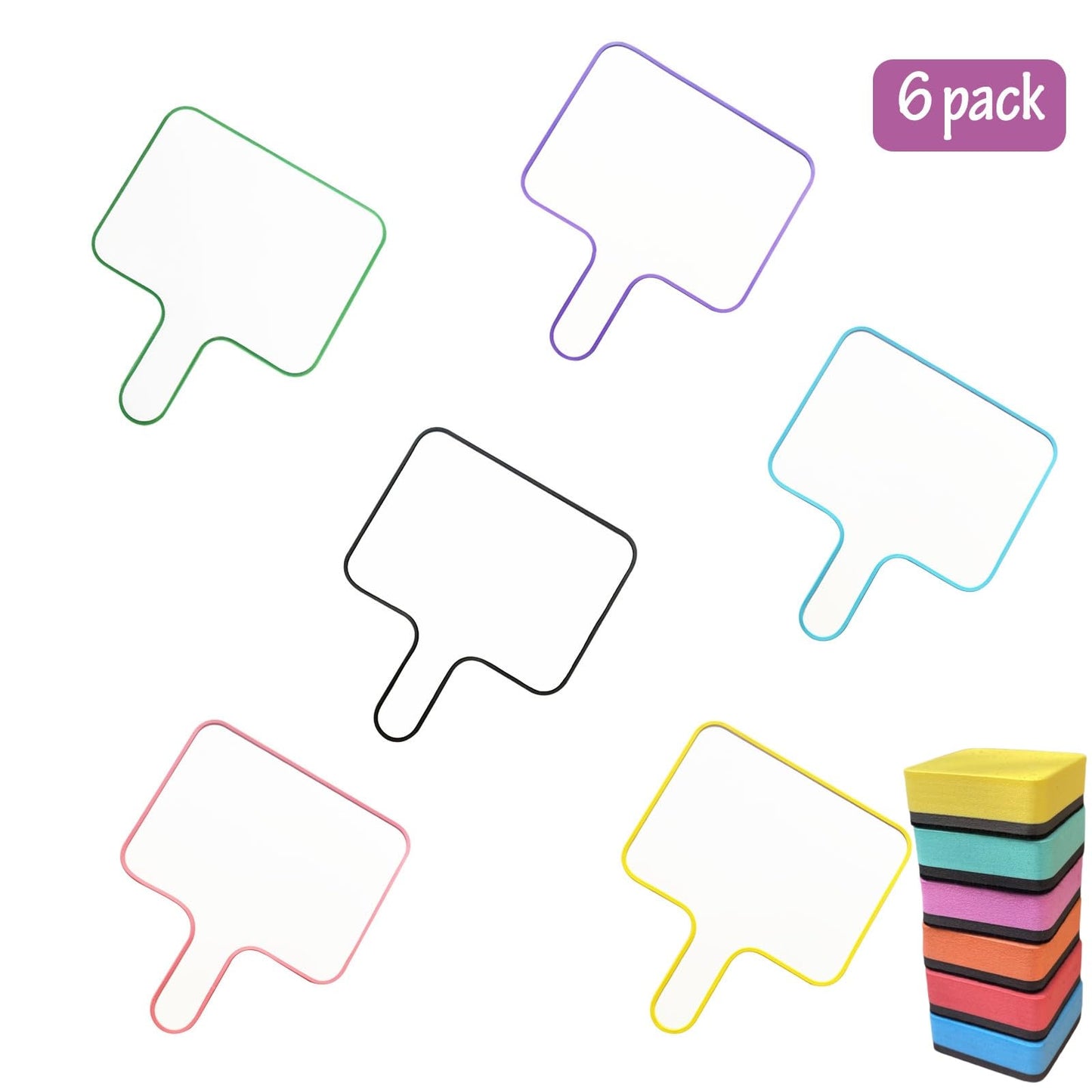 6 Pack Dry Erase Answer Paddles 10''x 8'' - Double Sided Handheld Mini Whiteboards with 6 Colorful Erasers Voting Auction Boards Small Writing Board for Office Classroom Teacher Supplies and Games