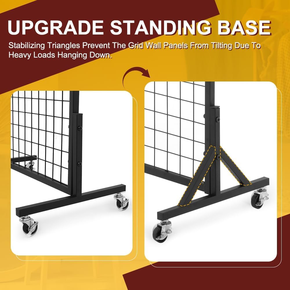 OUDUCK 3' x 6' Grid Wall Panels Standing Wire Grid, Sturdy Display Rack with T-Base Wheels Freestanding Gridwall Panel Tower for Shows, Black