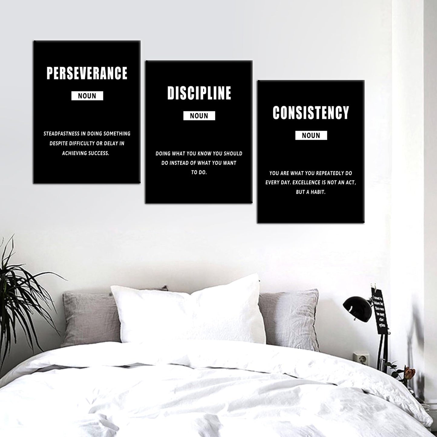 PSYYSP 3 Piece Canvas Wall Art Perseverance Discipline Consistency Posters, Black White Motivational Triptych Wall Decor for Office, Bedroom, Dorm, Framed Canvas 36x16inch