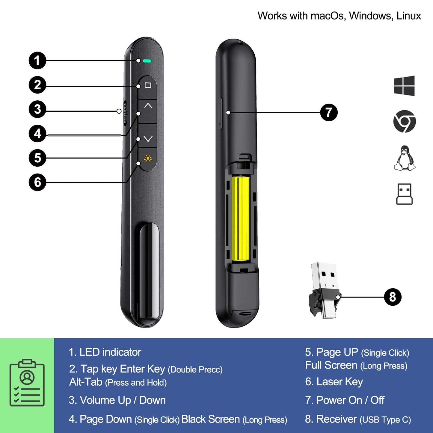 QUI Presenter Clicker USB A&C Bundle | Pen-Shaped Black & Remote-Shaped Silver
