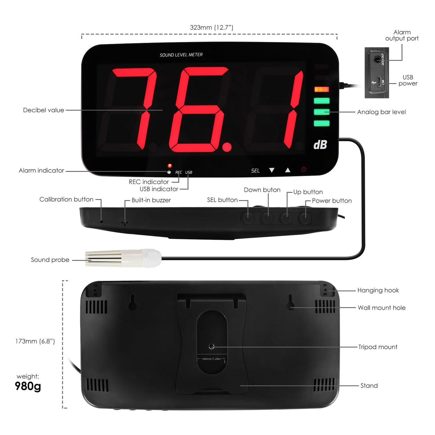 Decibel Meter Recorder 13 Inches Sound Level Meter, Wall Mount Noise Meter for Classroom Sound Meter with 16.4ft Sensor, Buzzer Alarm and Unlimited Data Logging, Noise Meter Decibel for Studio, Home