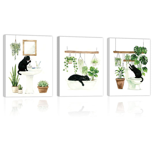 CHDITB Black Cat Bathroom Canvas Wall Art Set of 3, Funny Cat Watercolor Painting, Botanical Cats Wall Decor, Boho Plants Poster, Cute Kitten Art Prints For Restroom Laundry Room Decor(12X16 Inch)
