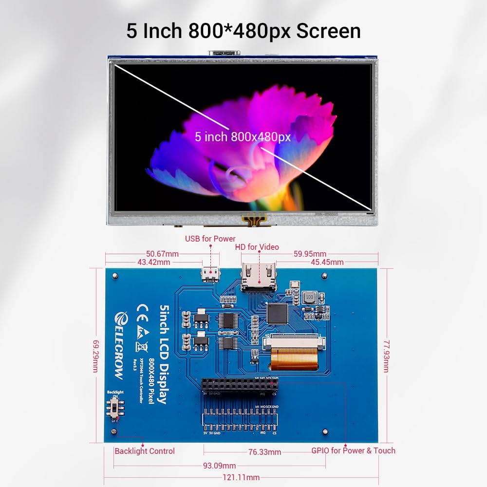 ELECROW 5-Inch Resistive Touch Screen TFT LCD Display, 800x480 HD Resolution, Compatible with Raspberry Pi 5/4/3/2B/Zero, Banana Pi, Jetson Nano, Windows 11/10/8/7