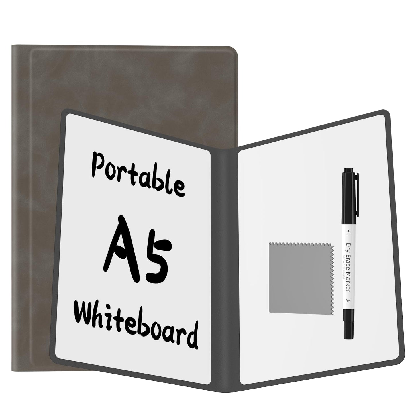 Portable Dry Erase Board,Reusable Whiteboard Notebook, Double-Sided White Board PU Cover 9.5"x6.6" with Marker,Wipe Cloth (Coffee Brown)