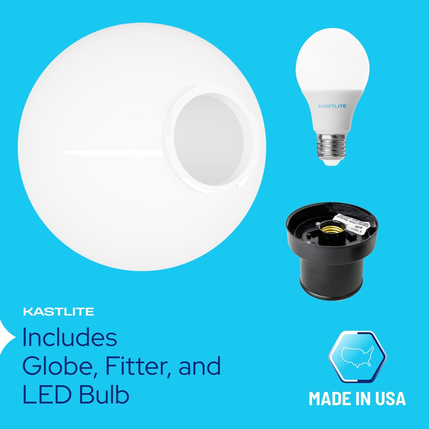 KastLite Lamp Post Globe Combo | 10in White Acrylic Lens | Black Fitter | Fits 3in Posts | Includes 5000K LED Bulb | Model KL-X-20010-W