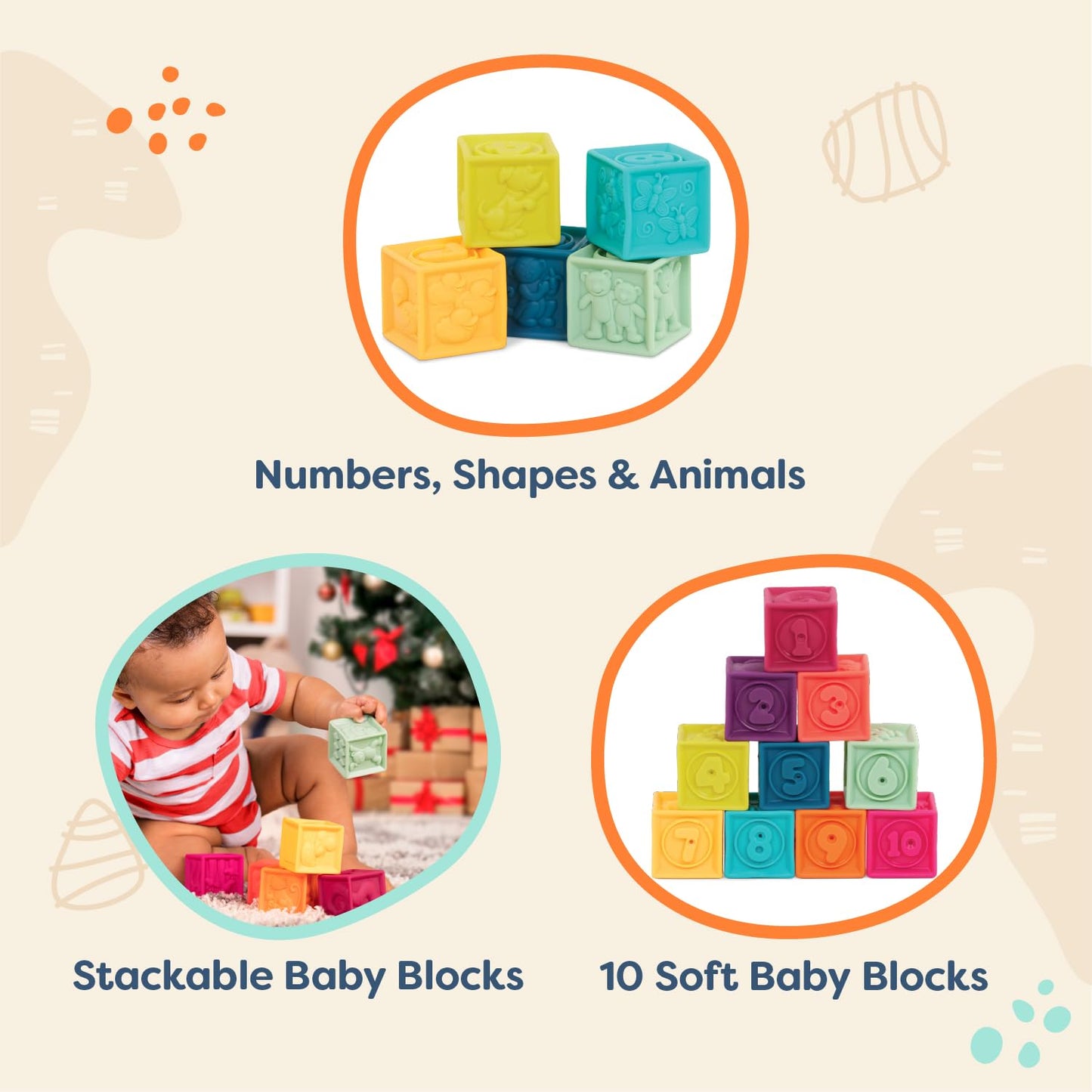 B. toys – Baby Blocks – Stacking & Building Toys for Babies – 10 Soft Blocks with Numbers, Shapes, Animals – Educational & Developmental – 6+ Months – One Two Squeeze